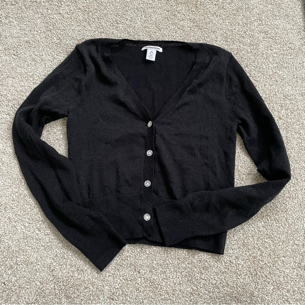 Nordstrom Girls Long Sleeve Metallic Black Sparkle Cardigan Sweater Sz M (8/10)